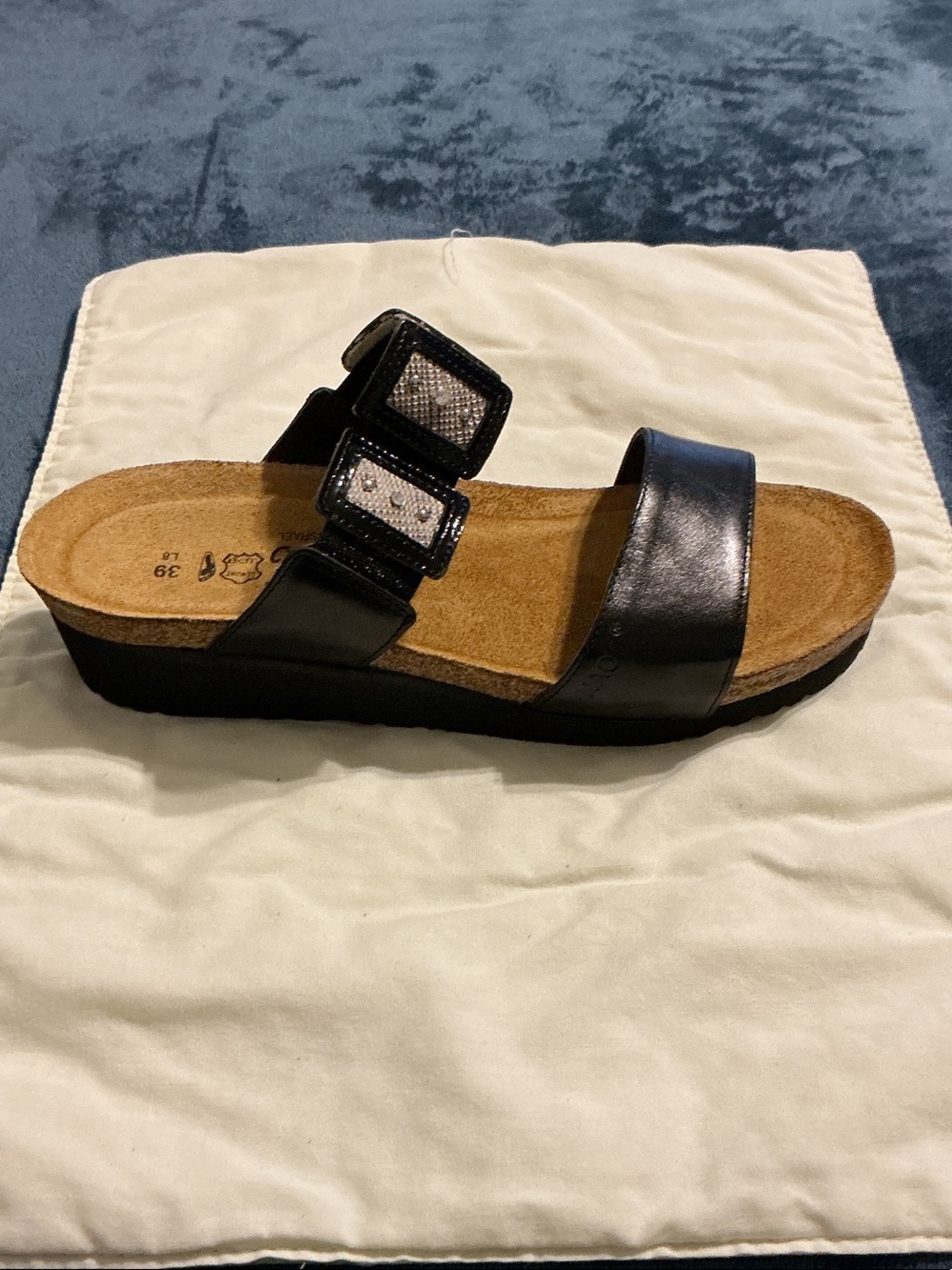 Naot Black Leather Slide Sandal with Embellished Buckles